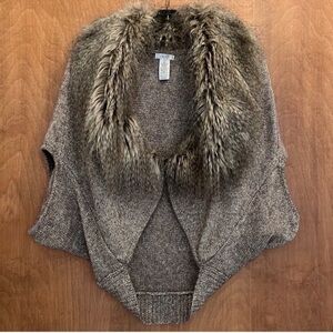 Cache Metallic Knit Shrug with Faux Fur Collar